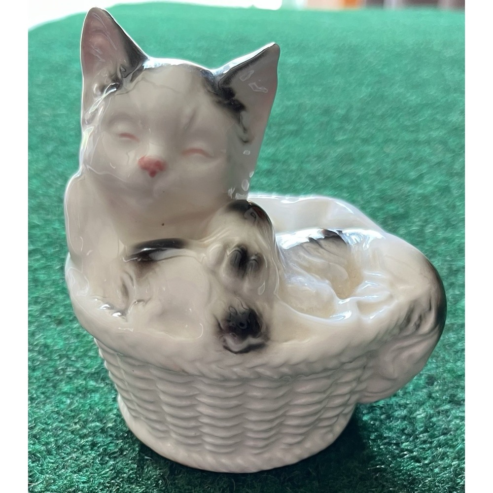 Vintage Bone China Cat in Basket Figurine Black White Tuxedo Sleeping Taiwan